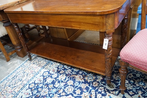 A Victorian mahogany two tier serving table, length 122cm, depth 51cm, height 89cm